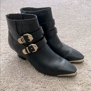 Vintage Cougar Leather Ankle Boots with Gold Accents